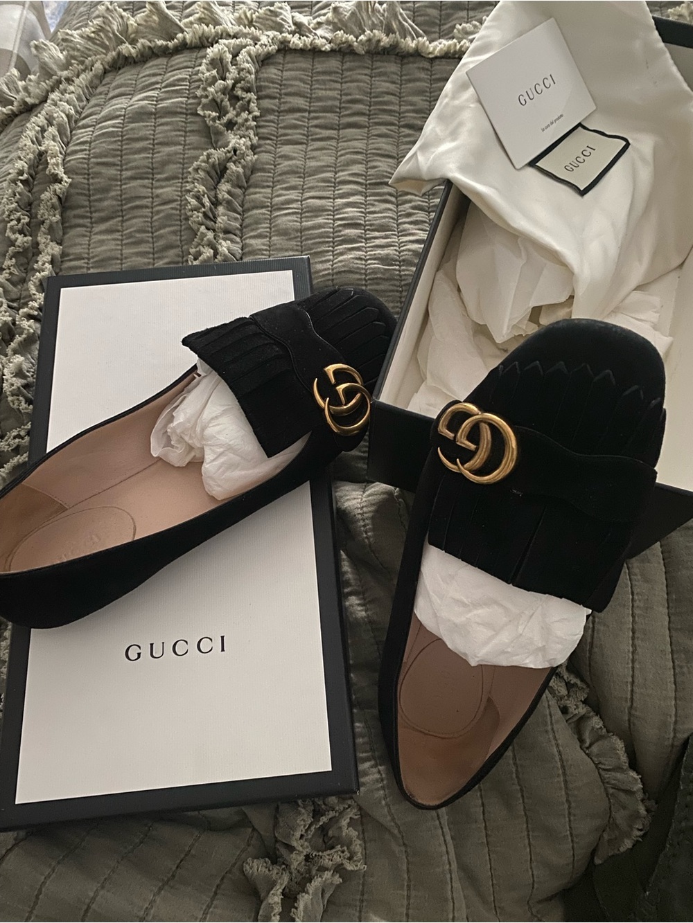 Gucci Black Velvet Fringe Loafers with Gold Double G - Picture 3 of 6